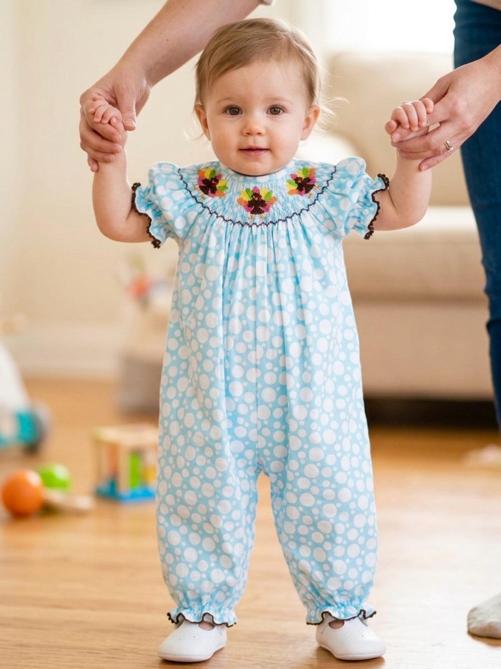 Classic Whimsy Embroidered Thanksgiving Turkey Smocked Polka Dot Bubble Jumpsuit